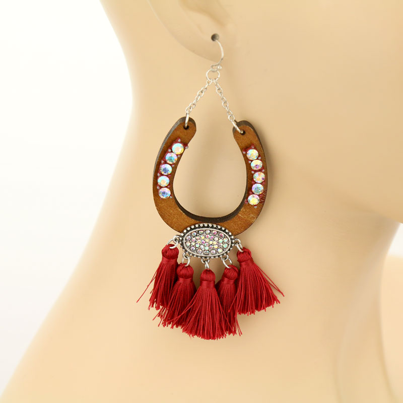 Wood Horseshoe With Tassel Fish Hook Earrings - Image 2