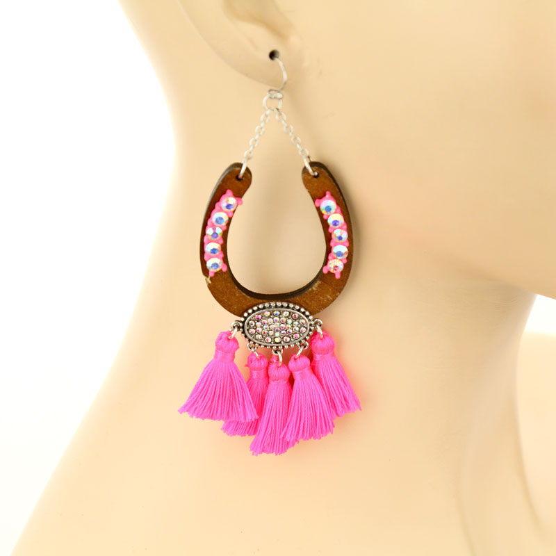 Wood Horseshoe With Tassel Fish Hook Earrings - Image 2