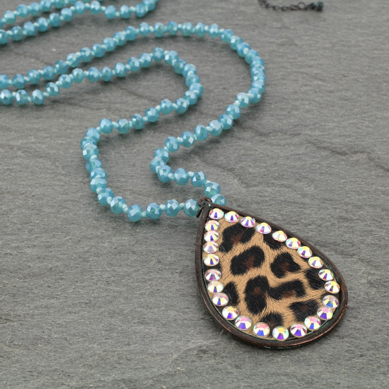 Glass Bead Leather Pendant Necklace Set - Image 3
