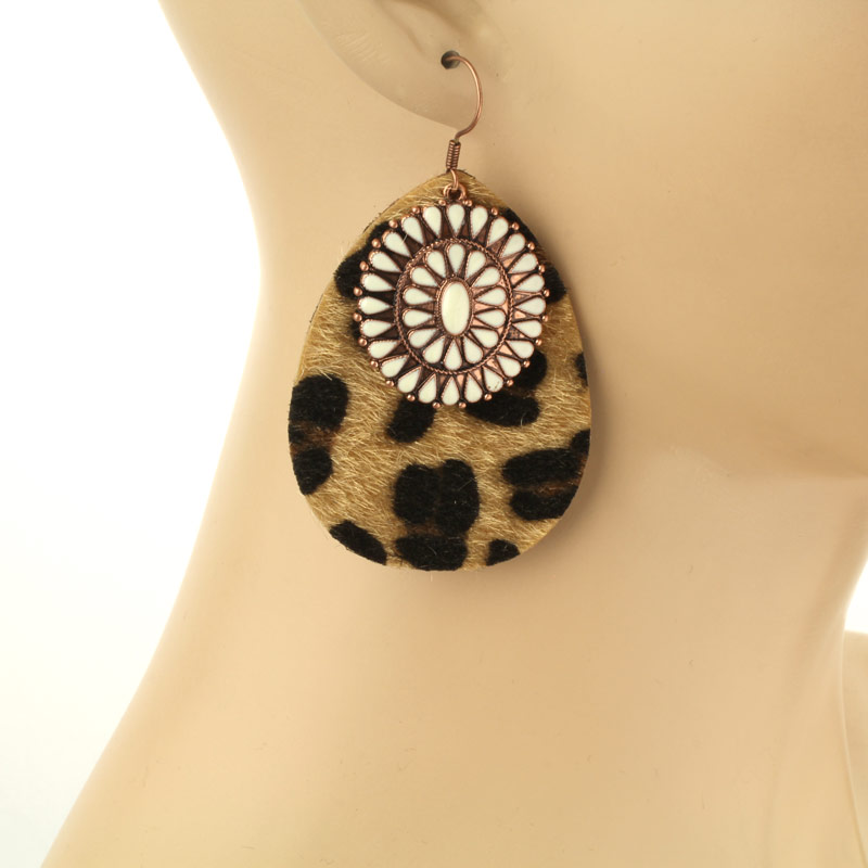 Leopard Leather with Concho Fish Hook Earrings - Image 2
