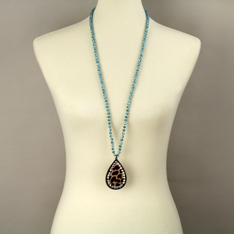 Glass Bead Leather Pendant Necklace Set - Image 2