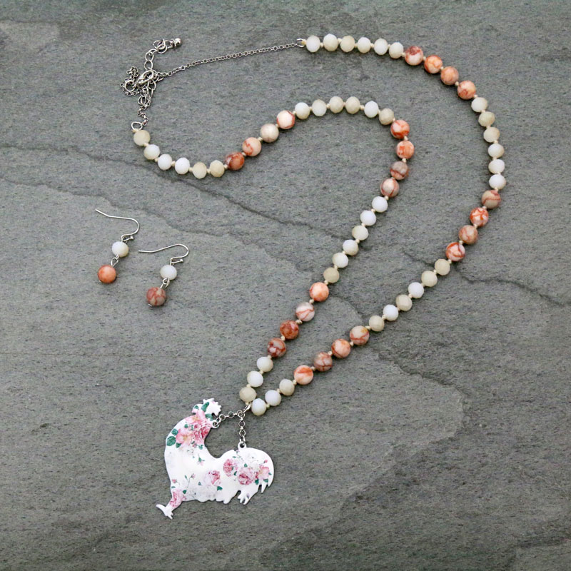 Floral Rooster Semi Precious Long Necklace Set