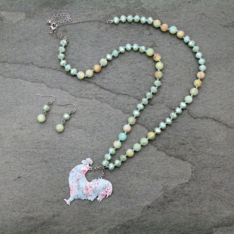 Floral Rooster Semi Precious Long Necklace Set