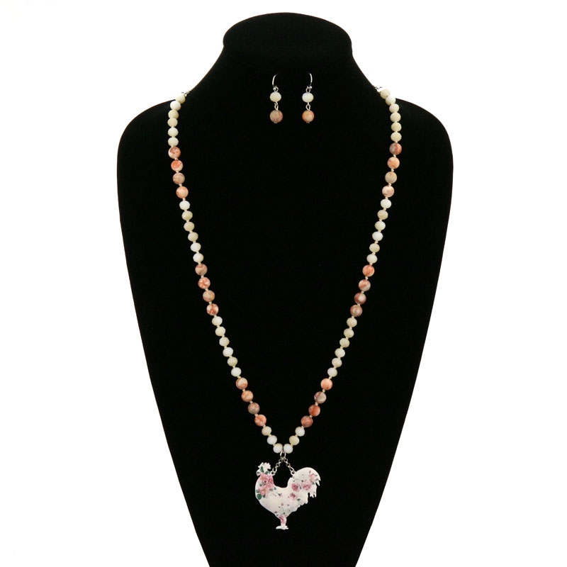 Floral Rooster Semi Precious Long Necklace Set - Image 2