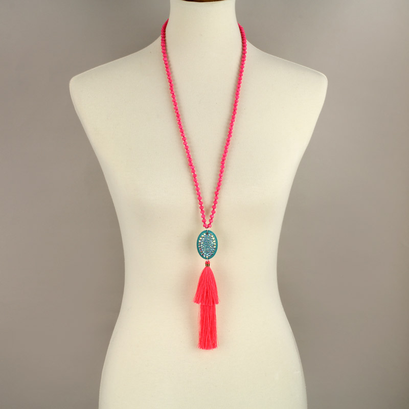 Glass Bead with Stone Tassel Necklace - Image 2