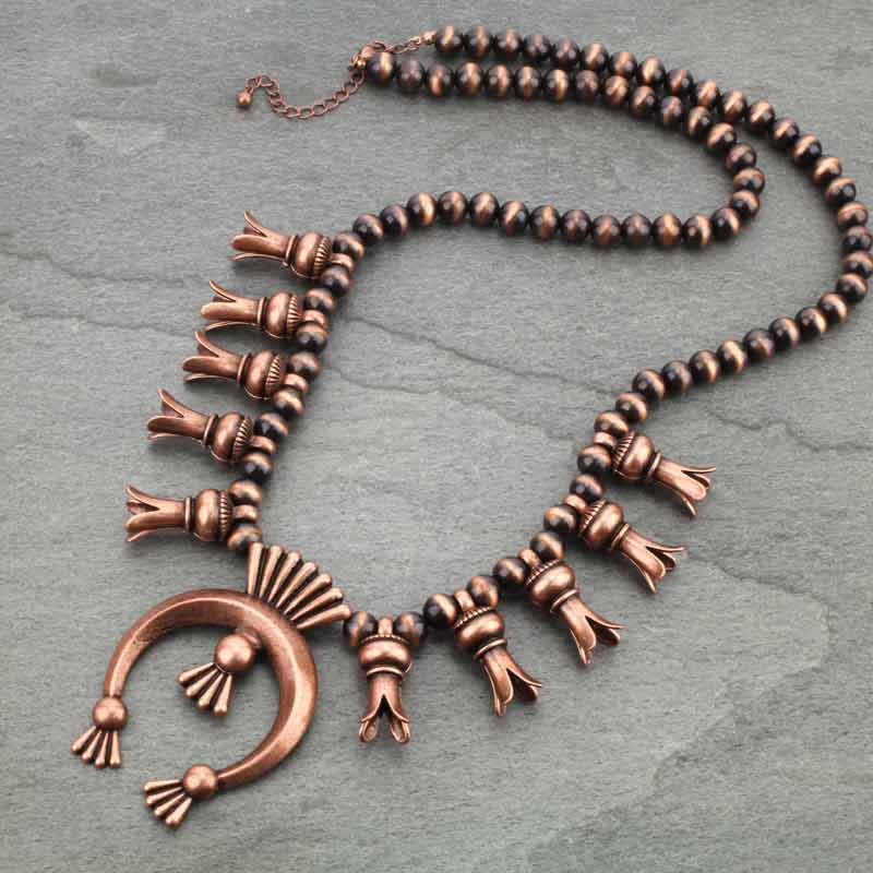 Western Navajo Style Pearl Squash Blossom Necklace