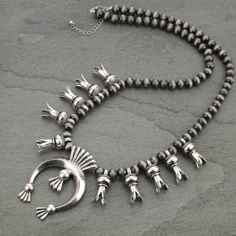 Western Navajo Style Pearl Squash Blossom Necklace