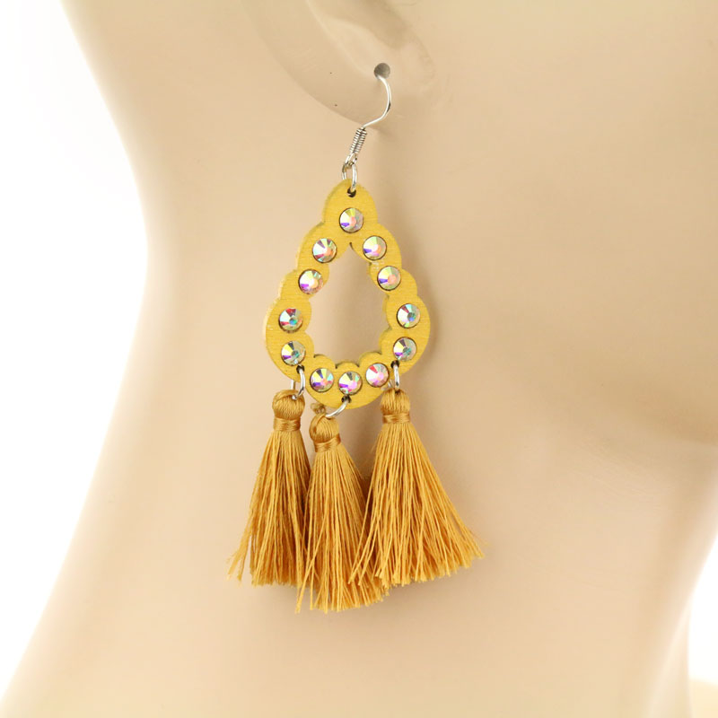 Wooden Teardrop with Stone and Tassel Fish Hook Earrings - Image 2