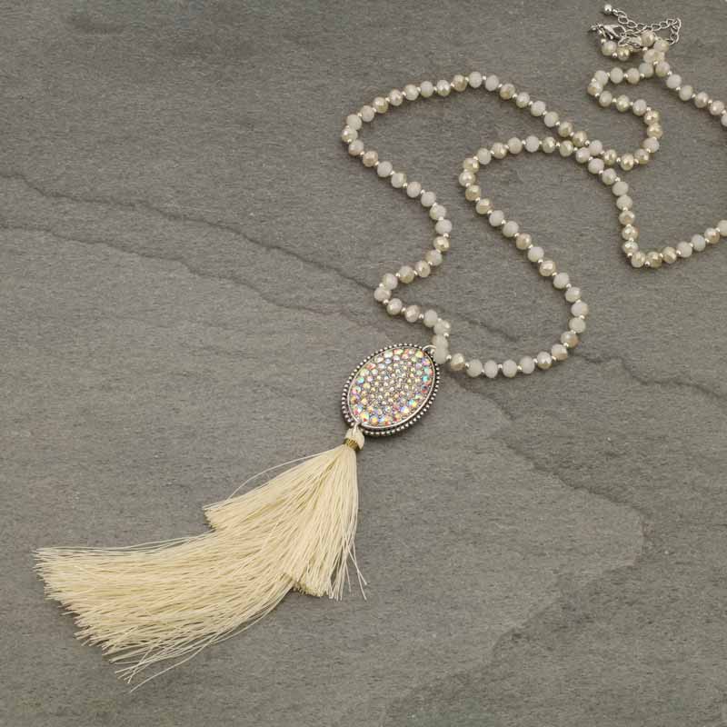 Glass Bead with Stone Tassel Necklace