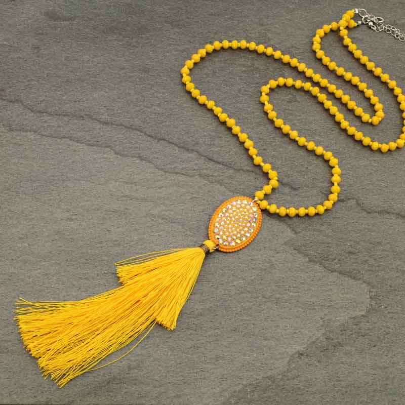 Glass Bead with Stone Tassel Necklace