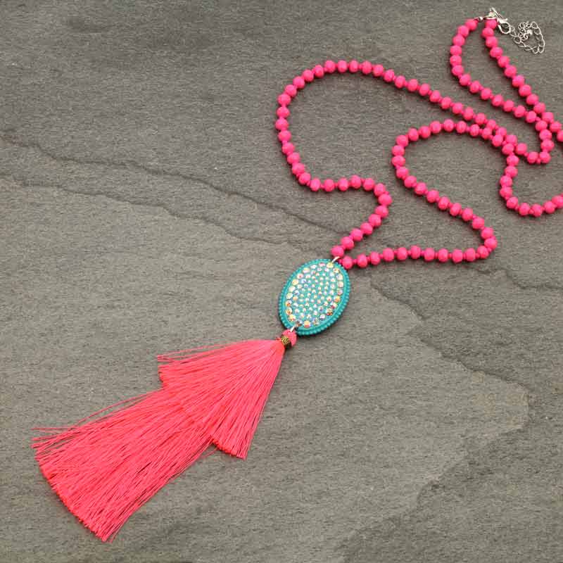Glass Bead with Stone Tassel Necklace