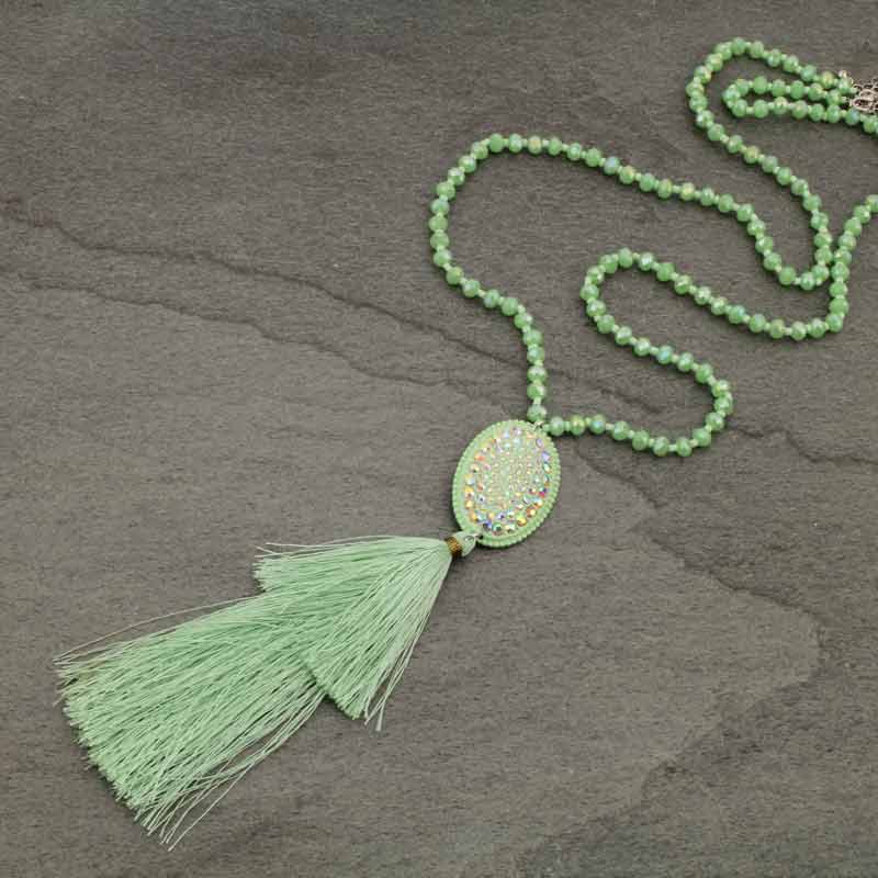 Glass Bead with Stone Tassel Necklace