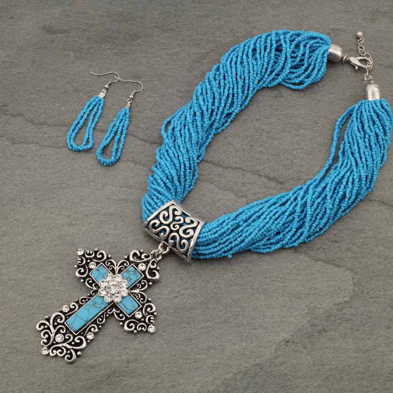 Cross Seed Beads Necklace Set