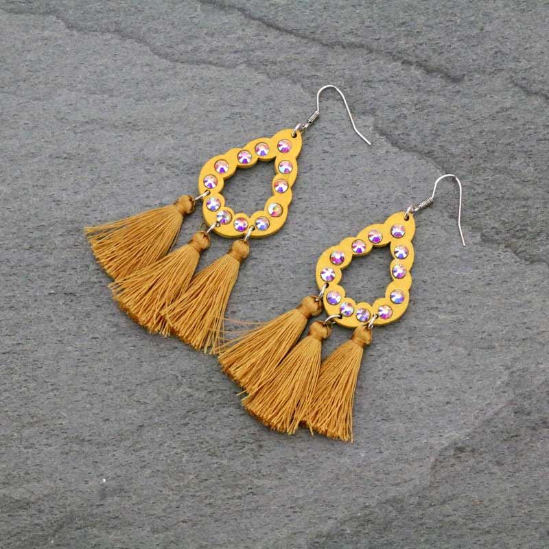 Wooden Teardrop with Stone and Tassel Fish Hook Earrings