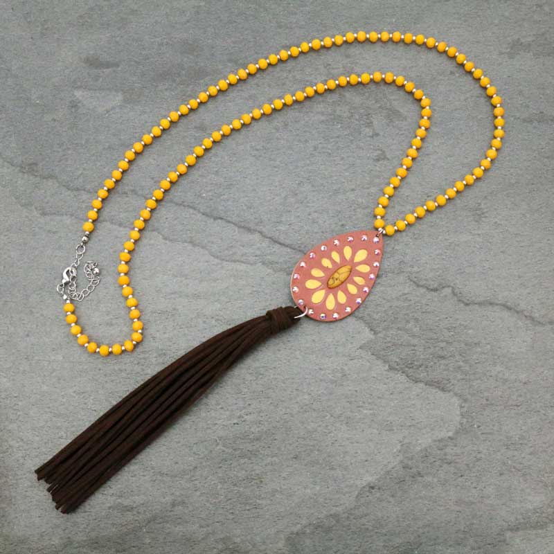 Genuine Leather Pendant with Tassel Glass Bead Necklace