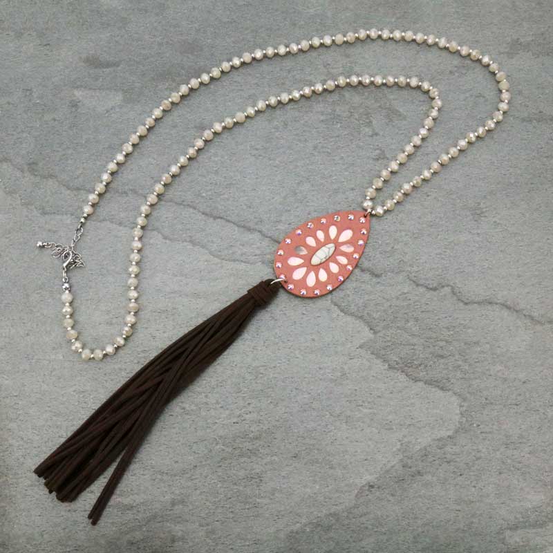 Genuine Leather Pendant with Tassel Glass Bead Necklace