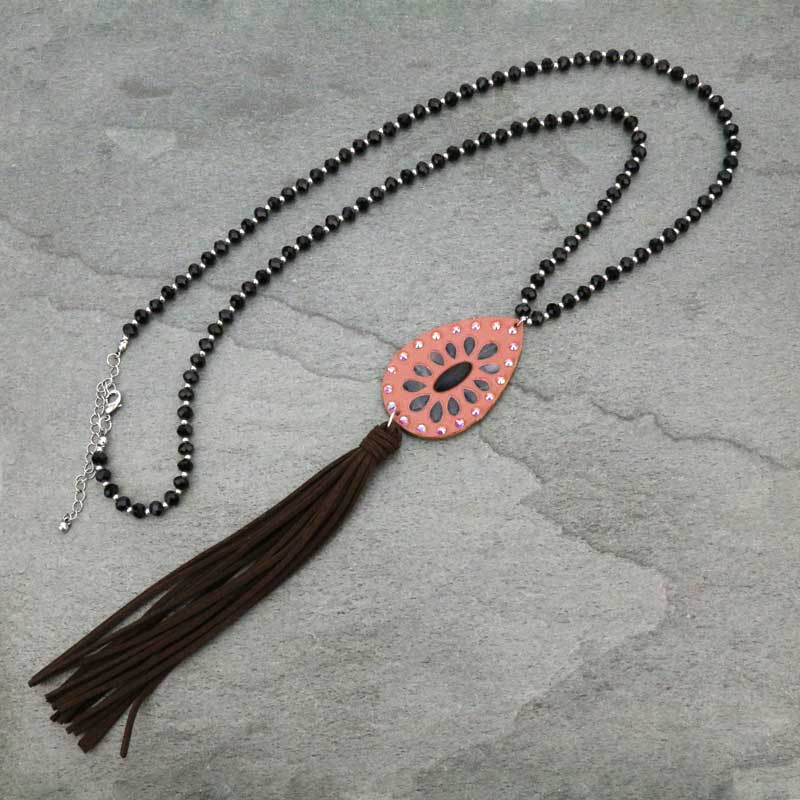 Genuine Leather Pendant with Tassel Glass Bead Necklace