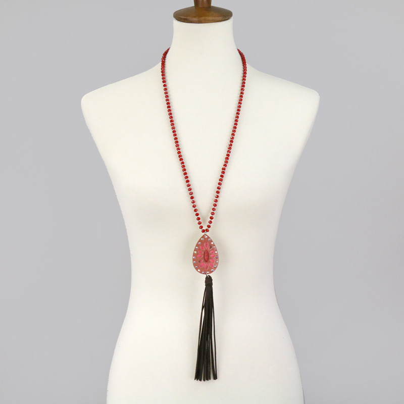 Genuine Leather Pendant with Tassel Glass Bead Necklace - Image 2