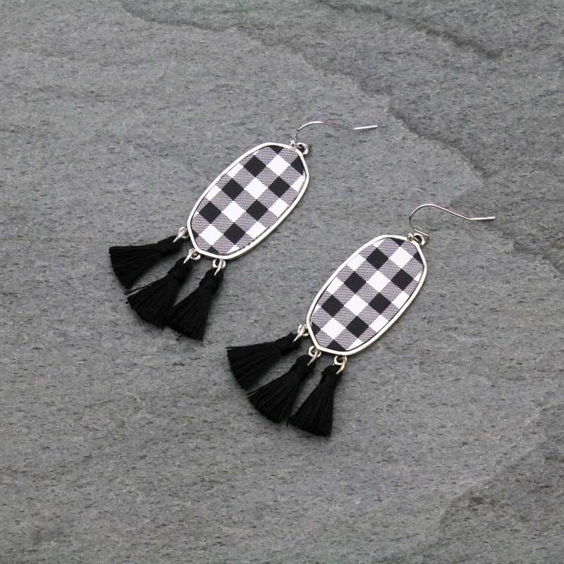 Hexagon Plaid Leather with Tassel Fish Hook Earrings