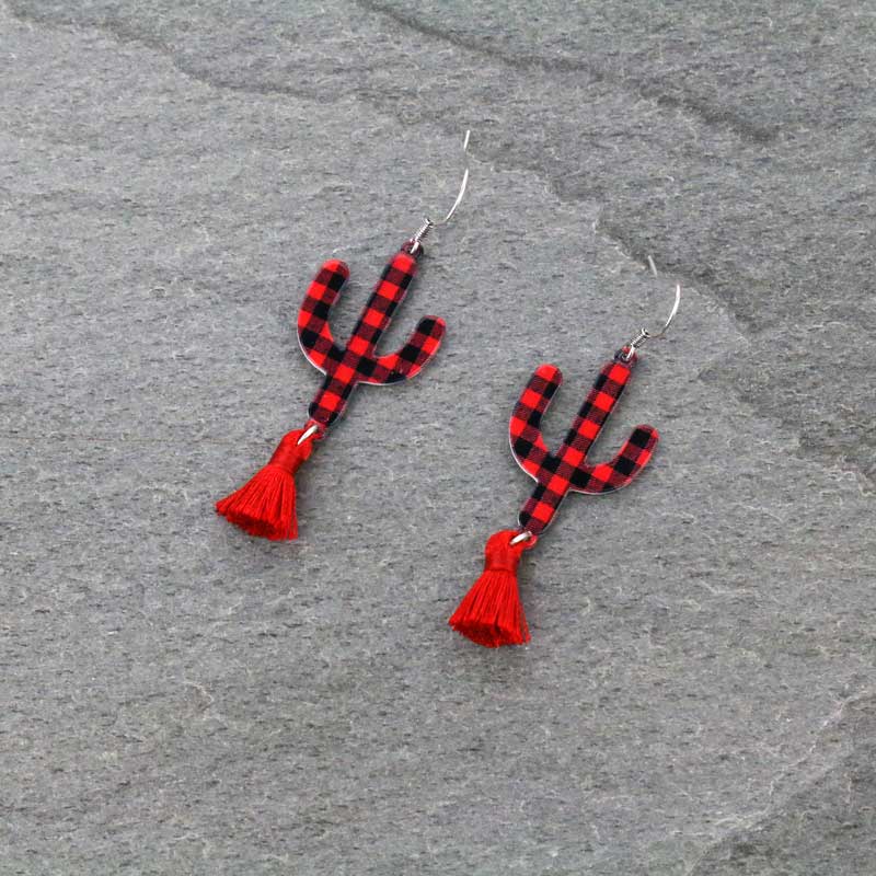 Cactus Plaid Tassel Fish Hook Earrings