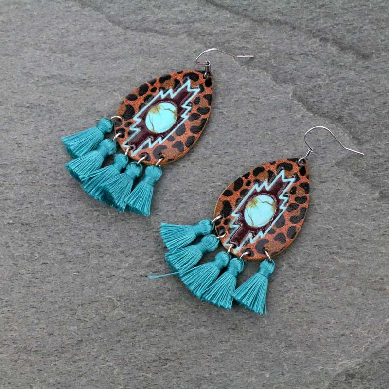 Genuine Leather Aztec Print Teardrop with Tassel Fish Hook Earrings