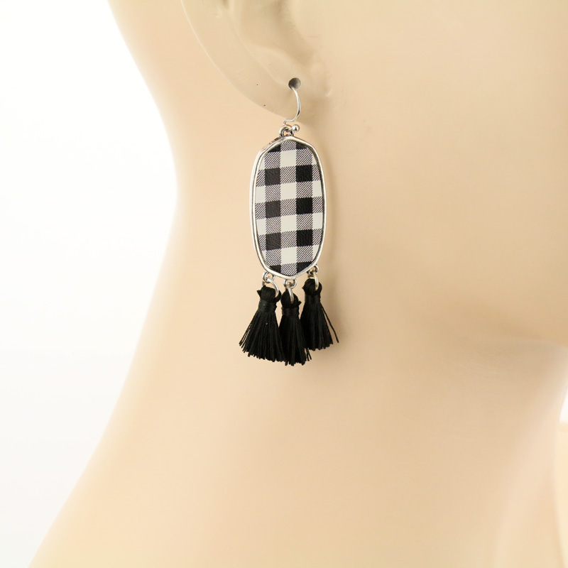 Hexagon Plaid Leather with Tassel Fish Hook Earrings - Image 2