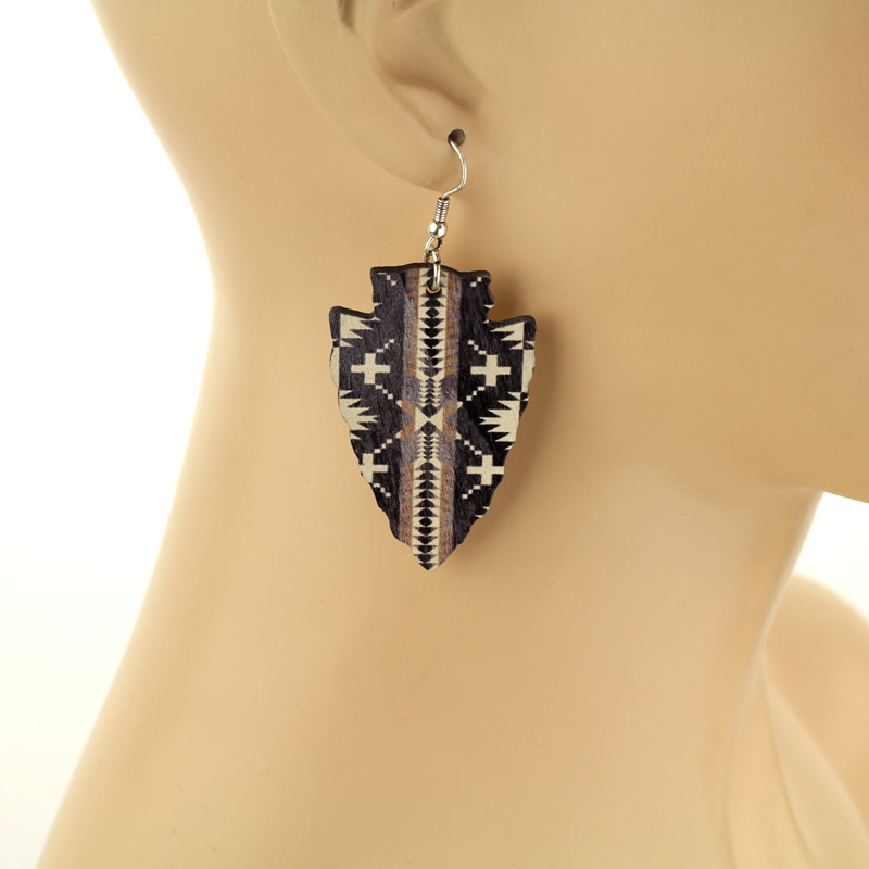 Navajo Style Arrowhead Wood Fish Hook Earrings - Image 2