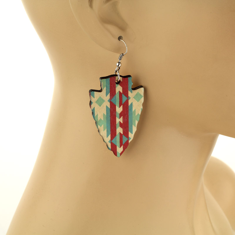 Navajo Style Arrowhead Wood Fish Hook Earrings - Image 2