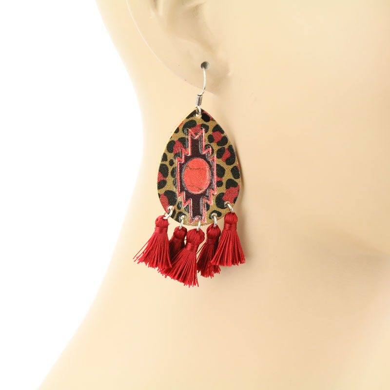 Genuine Leather Aztec Print Teardrop with Tassel Fish Hook Earrings - Image 2