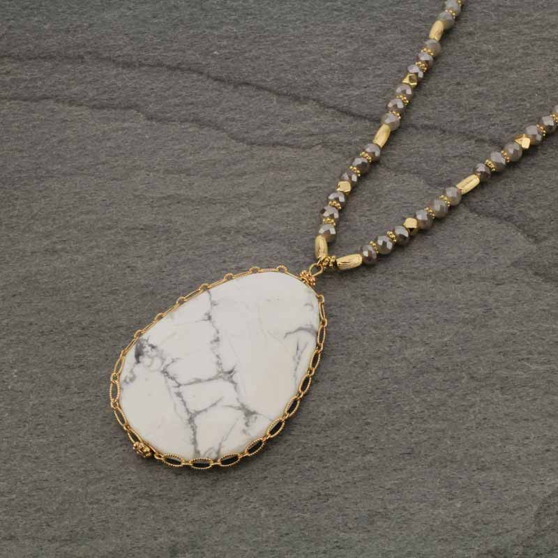 Oval Semi-Precious Stone with Glass Beads Necklace - Image 2
