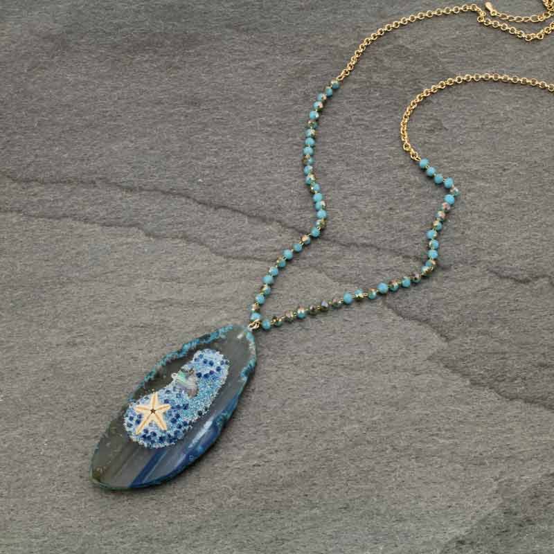 Starfish with Glass Beads and Druzy Stone Long Necklace