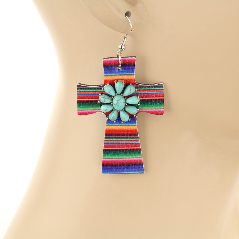 Western Leather Cross with Stone Fish Hook Earrings - Image 2