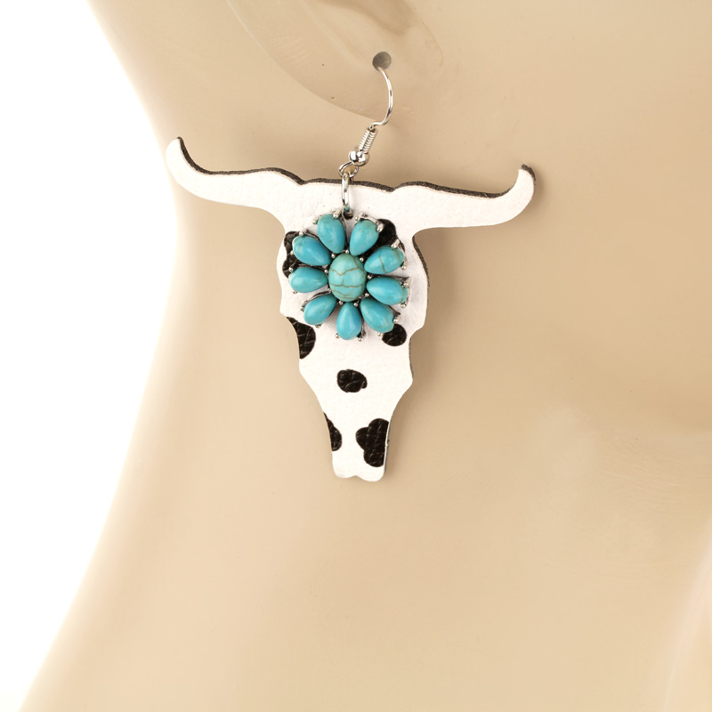 Western Leather Steer Head with Stone Fish Hook Earrings - Image 2