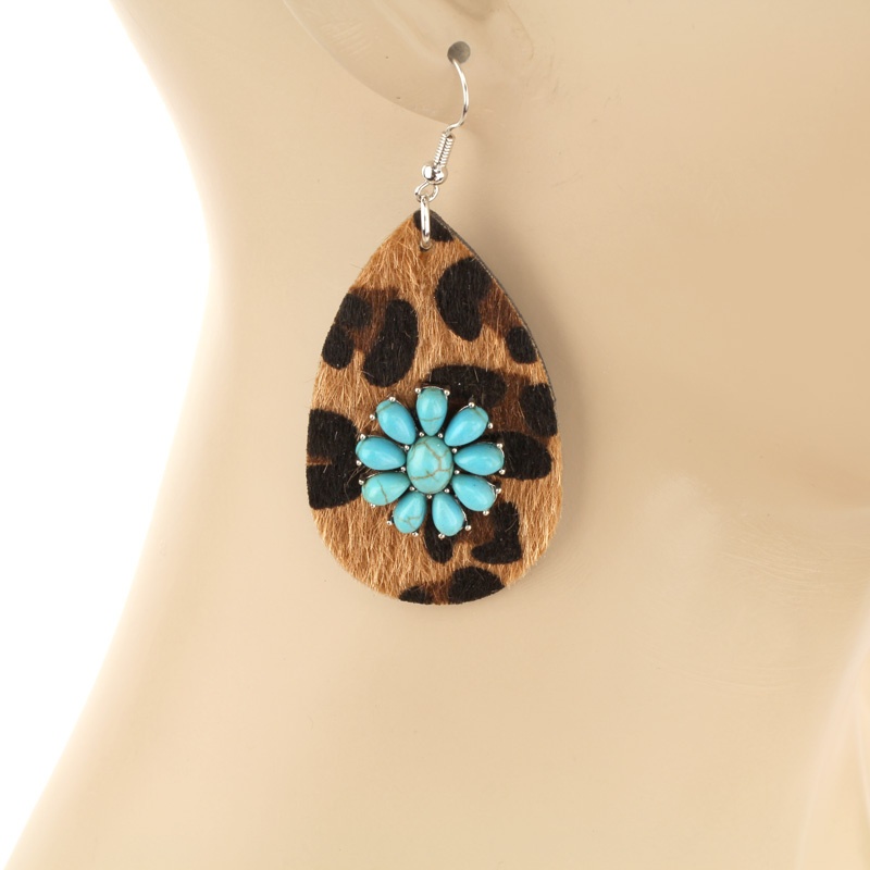 Western Leather Teardrop with Stone Fish Hook Earrings - Image 2