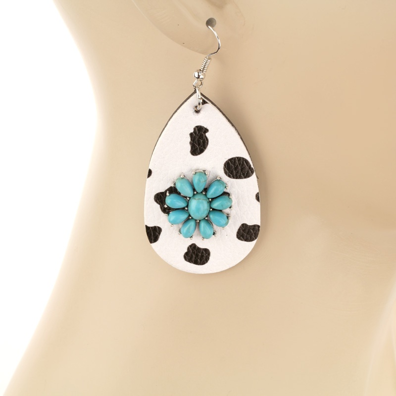 Western Leather Teardrop with Stone Fish Hook Earrings - Image 2