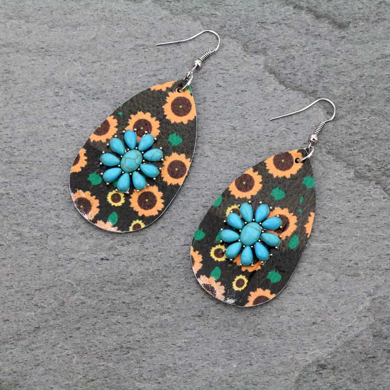 Western Leather Teardrop with Stone Fish Hook Earrings