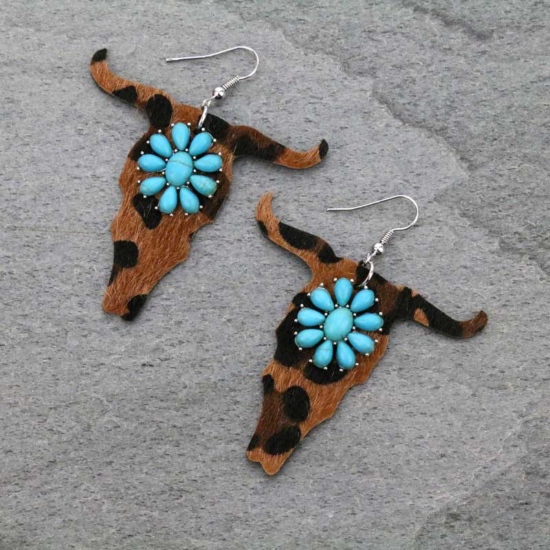 Western Leather Steer Head with Stone Fish Hook Earrings
