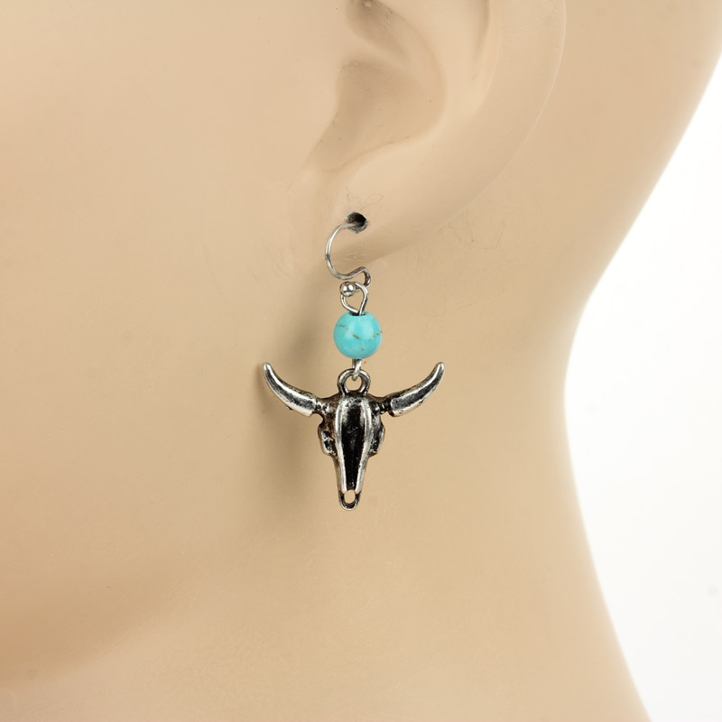 Western Steel Cow Head Fish Hook Earrings - Image 2
