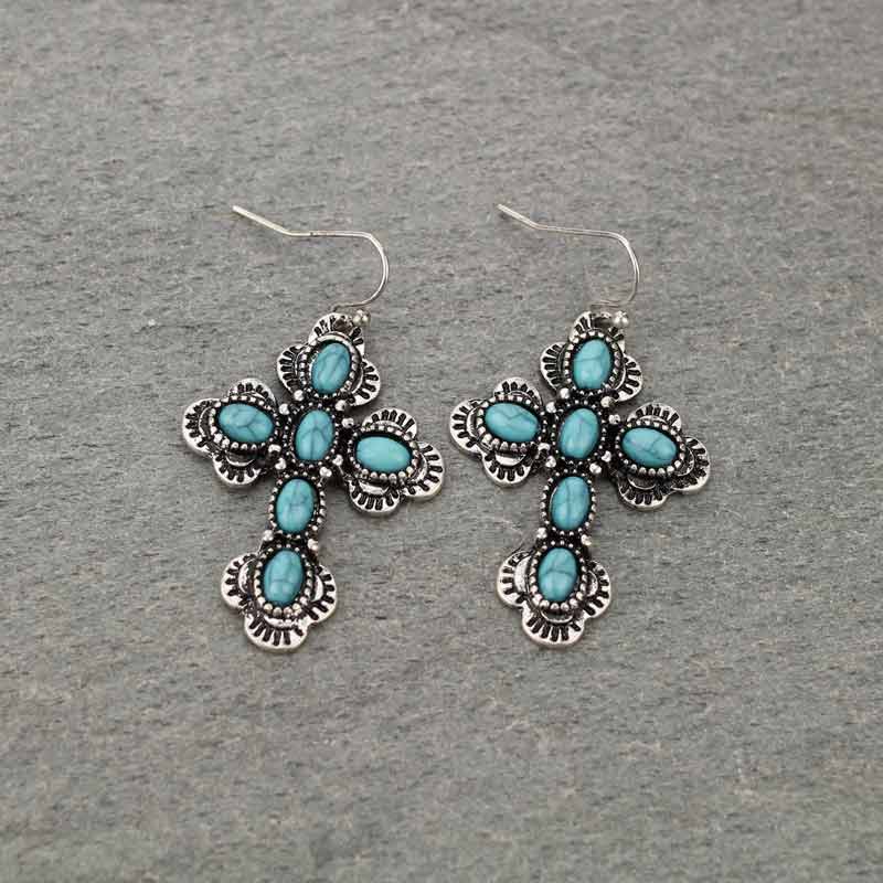 Western Turquoise Cross Fish Hook Earrings