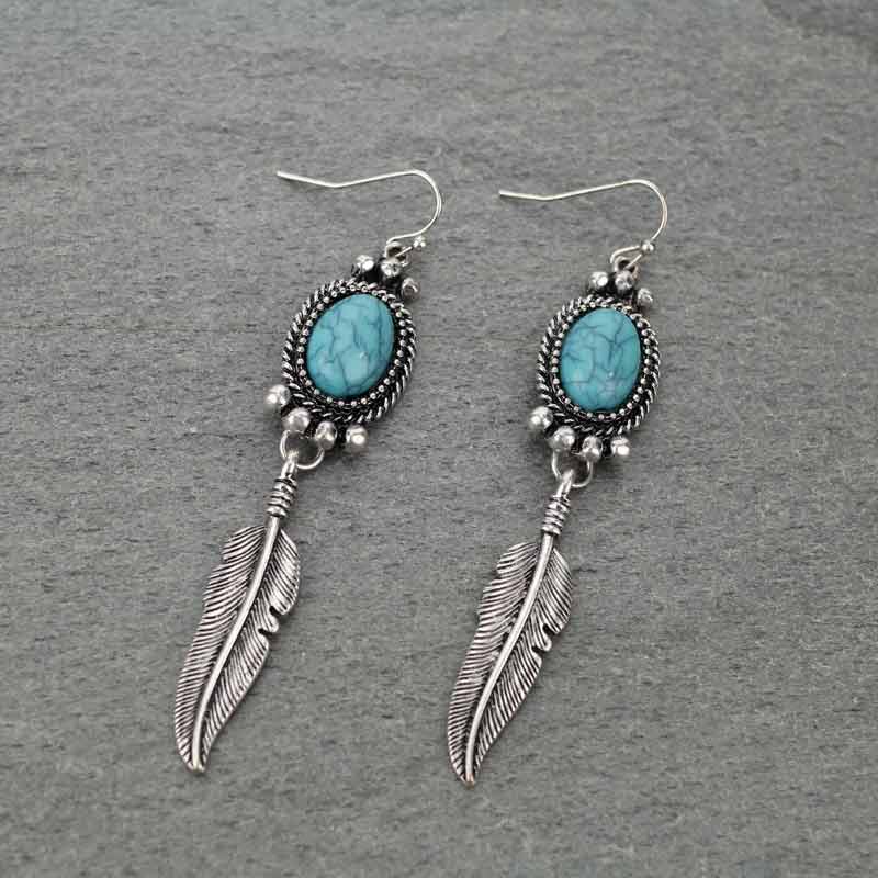 Western Feather Turquoise Fish Hook Earrings