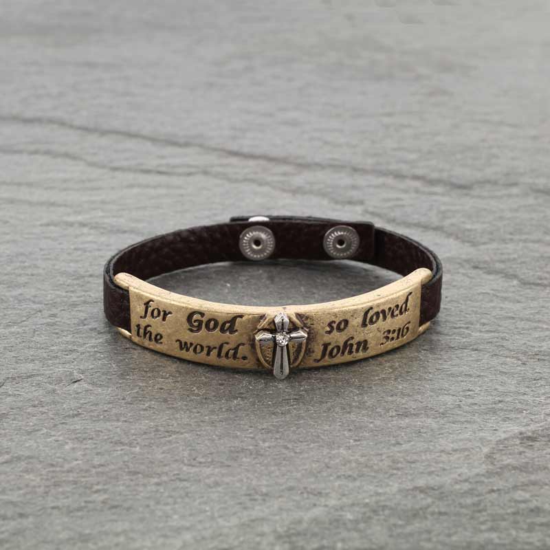 Western Religious Cross Snap on Button Leather Bracelet