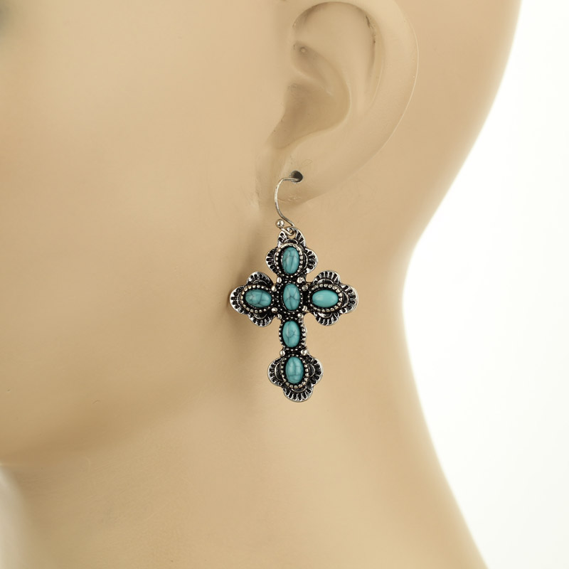 Western Turquoise Cross Fish Hook Earrings - Image 2
