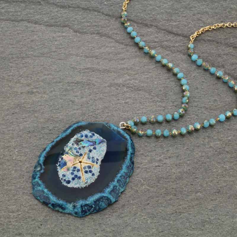 Starfish with Glass Beads and Druzy Stone Long Necklace - Image 2