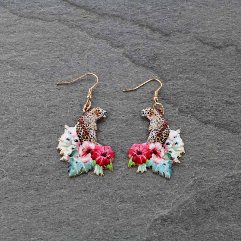 Leopard Floral Print Fish Hook Earrings