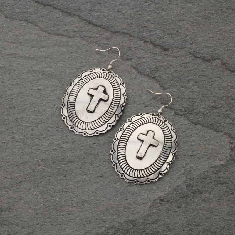 Handmade Western Concho Cross Fish Hook Earrings