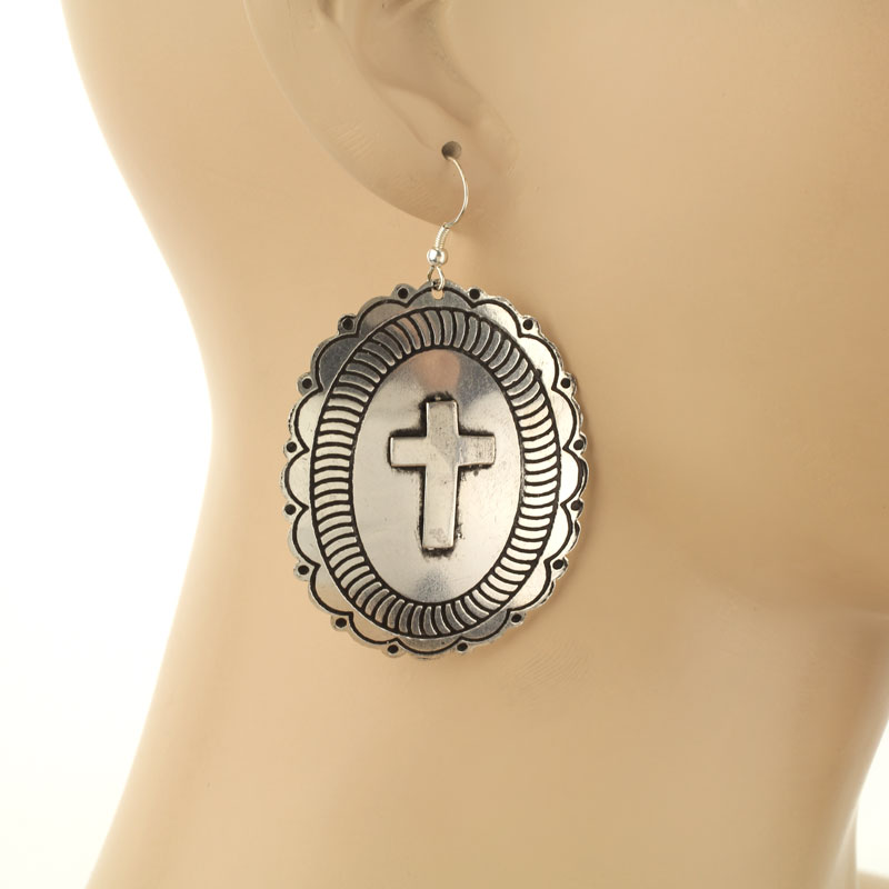 Handmade Western Concho Cross Fish Hook Earrings - Image 2