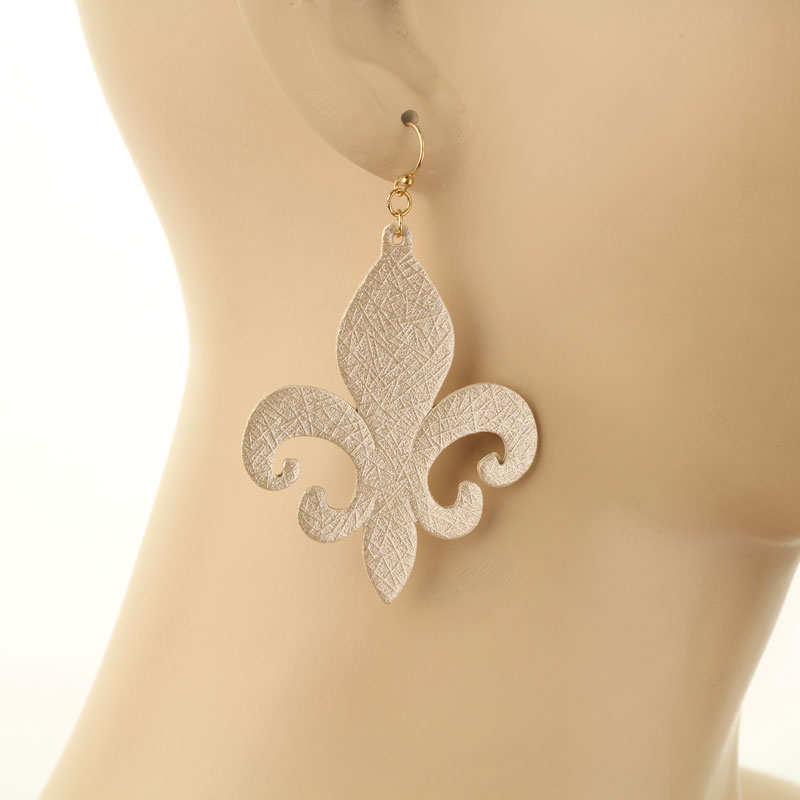 Synthetic Fleur De Lis Leather Fish Hook Earrings - Image 2