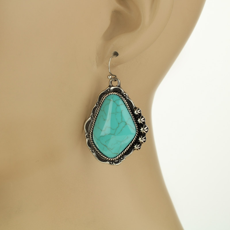 Western Large Turquoise Fish Hook Earrings - Image 2