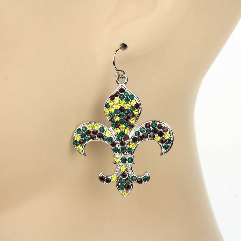 Fleur De Lis "Mardi Gras" Rhinestone Earrings - Image 2