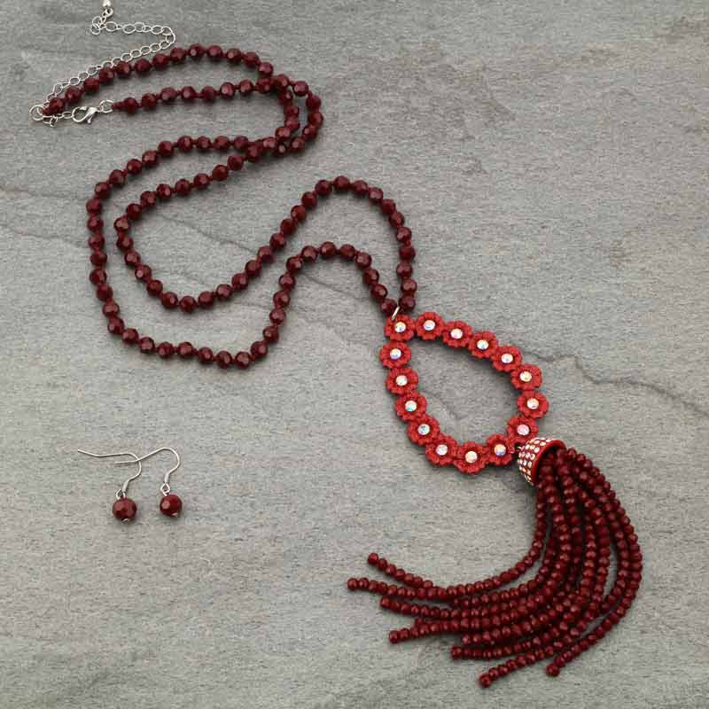 Glass Bead Tassel Necklace Set